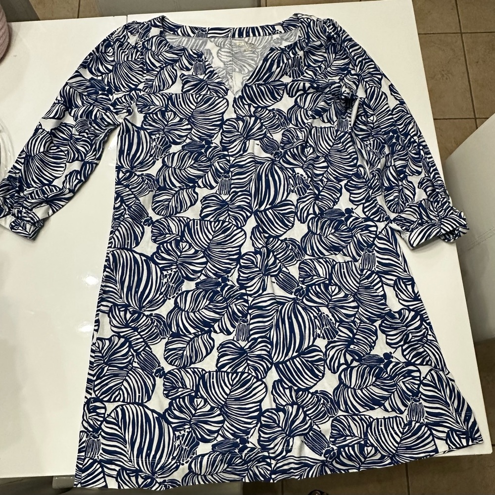 Lilly Pulitzer Cath Dress Printed Notch Neck Beach Tie Cuff Cotton Large